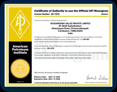 API 6D Monogram certificate of authority, licence number 6D-1878, issued by the American Petroleum Institute