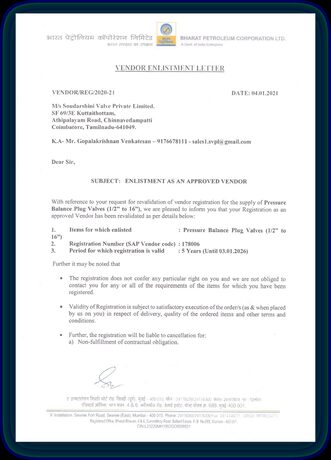 Bharat Petroleum Corporation Limited vendor enlistment letter, sheet 1 of 2