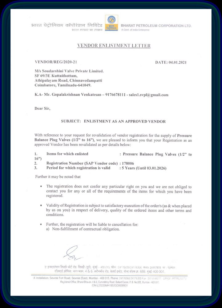 Bharat Petroleum Corporation Limited vendor enlistment letter, sheet 1 of 2