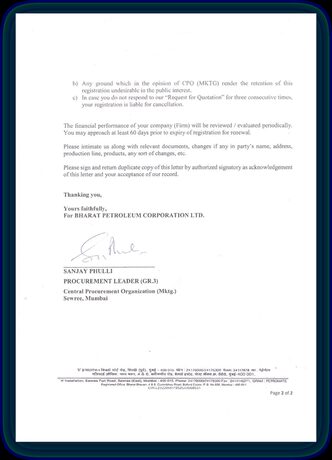 Bharat Petroleum Corporation Limited vendor enlistment letter, sheet 2 of 2