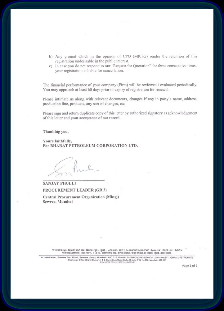 Bharat Petroleum Corporation Limited vendor enlistment letter, sheet 2 of 2
