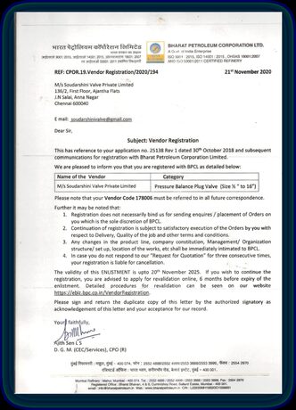 Bharat Petroleum Corporation Limited vendor registration letter