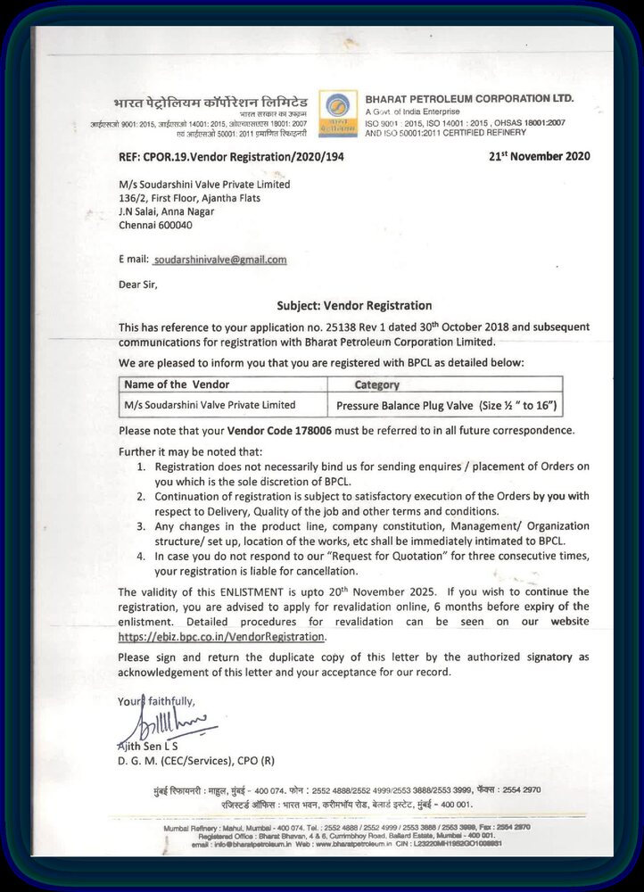 Bharat Petroleum Corporation Limited vendor registration letter