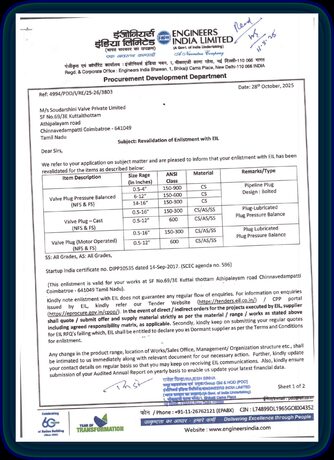 Engineers India Limited resolution of enlistment for Soudarshini Valve, sheet 1 of 2