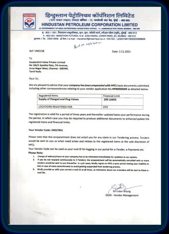 Hindustan Petroleum Corporation Limited vendor empanelment letter