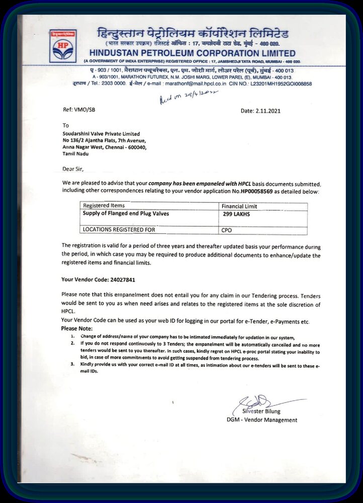 Hindustan Petroleum Corporation Limited vendor empanelment letter