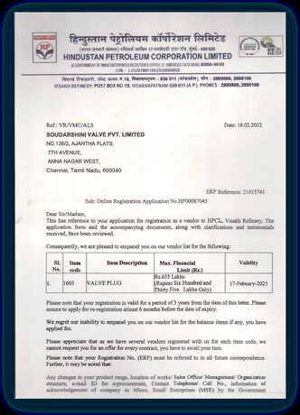 Hindustan Petroleum Corporation Limited vendor registration letter, sheet 1 of 2