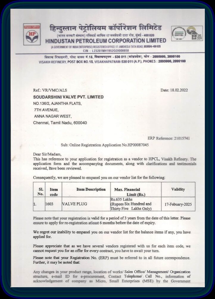 Hindustan Petroleum Corporation Limited vendor registration letter, sheet 1 of 2