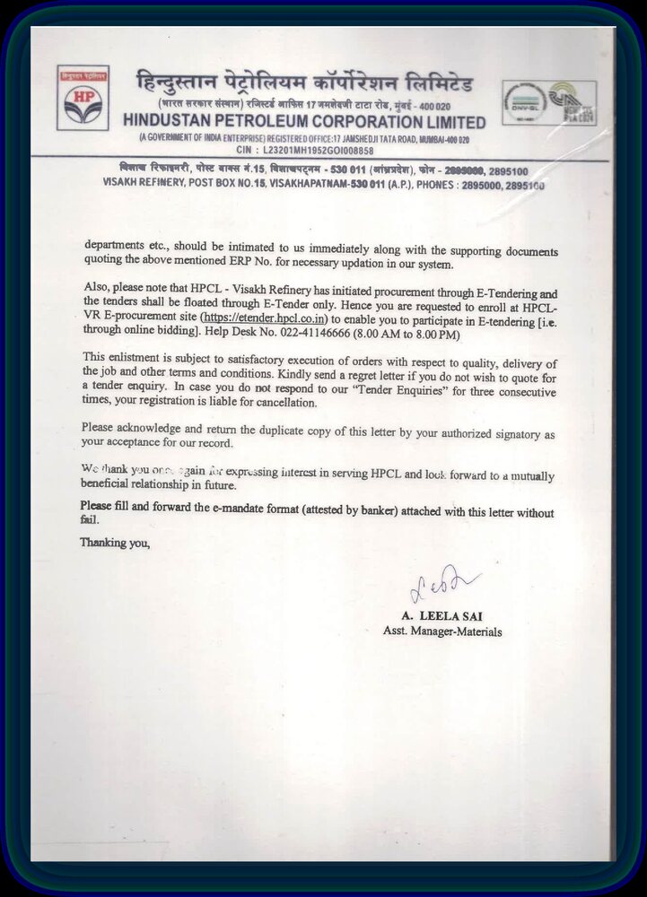 Hindustan Petroleum Corporation Limited vendor registration letter, sheet 2 of 2
