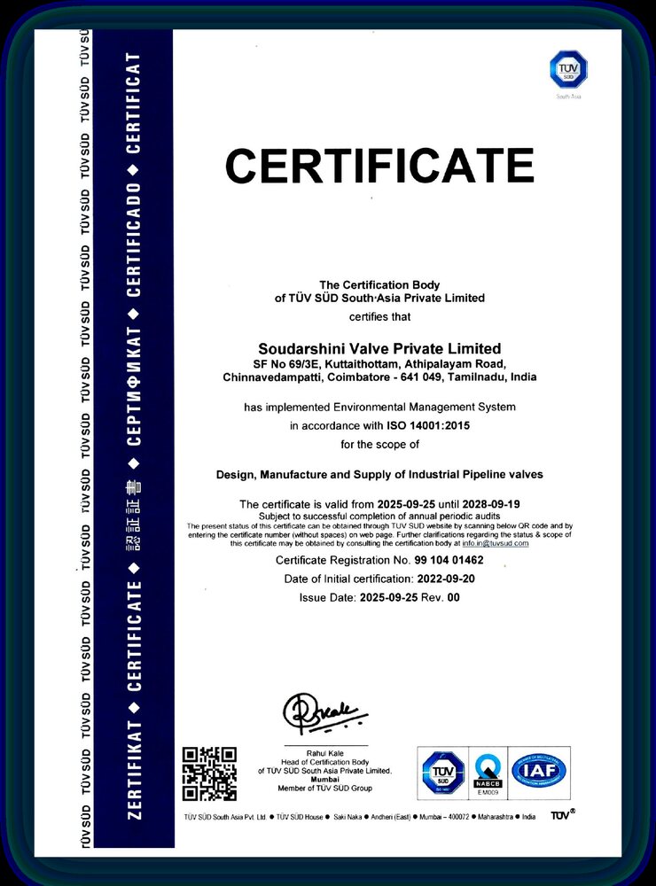 ISO 14001:2015 environmental management system certificate issued by TÜV SÜD South Asia