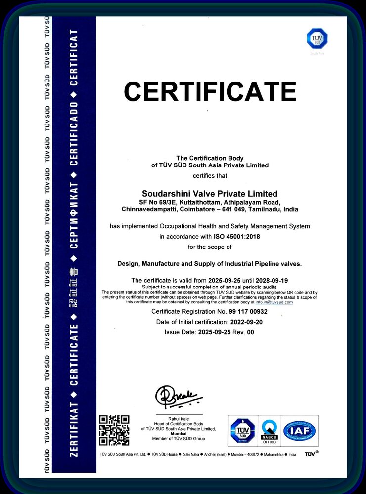 ISO 45001:2018 occupational health and safety management system certificate issued by TÜV SÜD South Asia