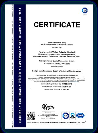 ISO 9001:2015 quality management system certificate issued by TÜV SÜD South Asia
