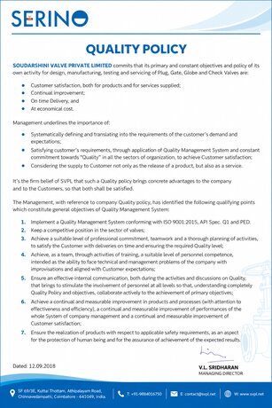 Soudarshini Valve quality policy, signed by Managing Director V.L. Sridharan