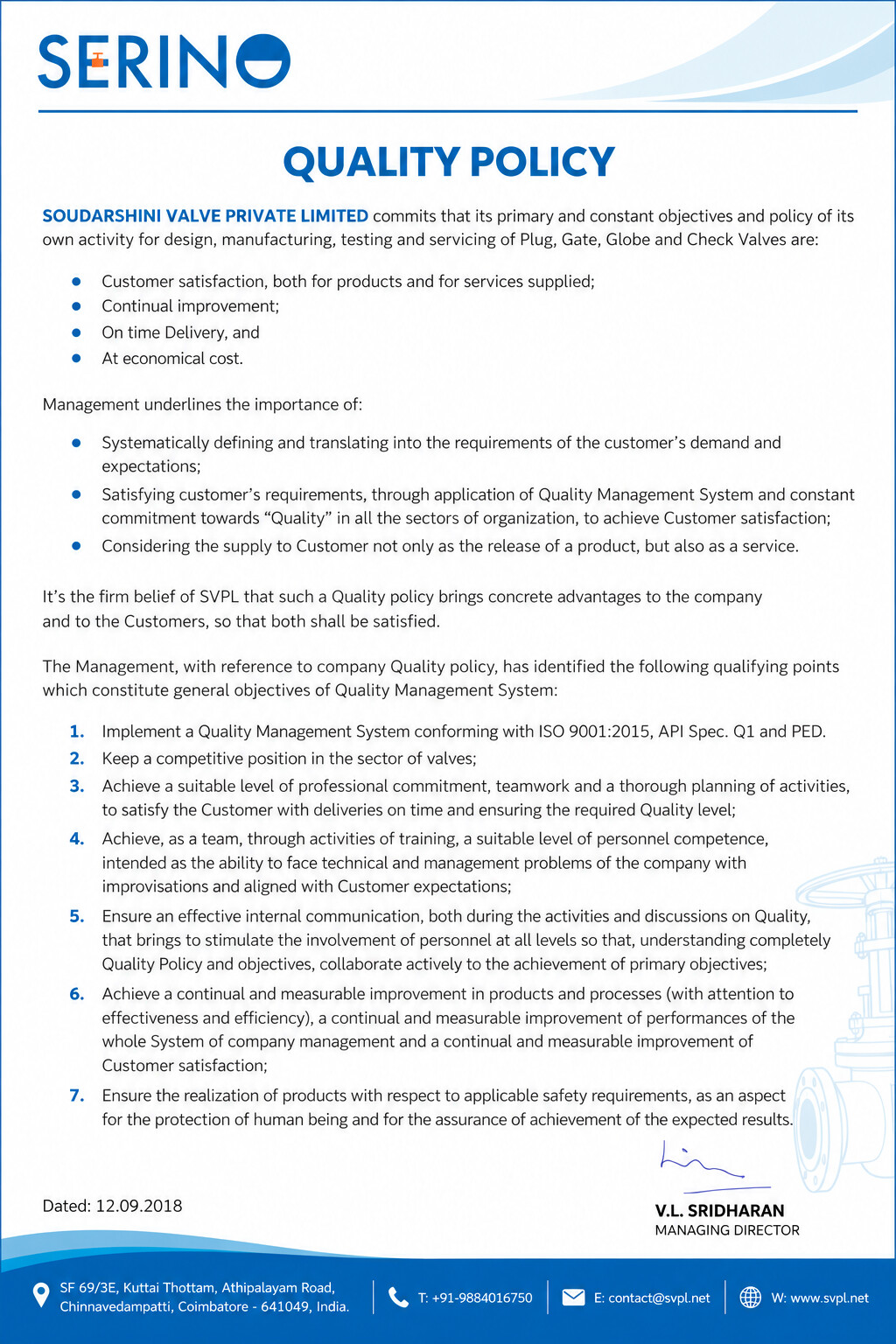 Soudarshini Valve quality policy, signed by Managing Director V.L. Sridharan