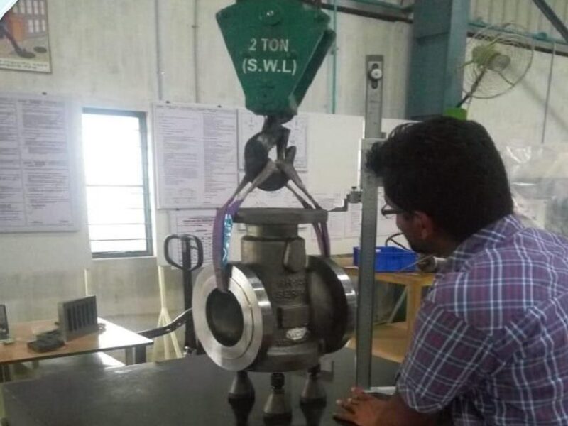 Dimensional inspection of a valve body on a precision granite table at Soudarshini Valve
