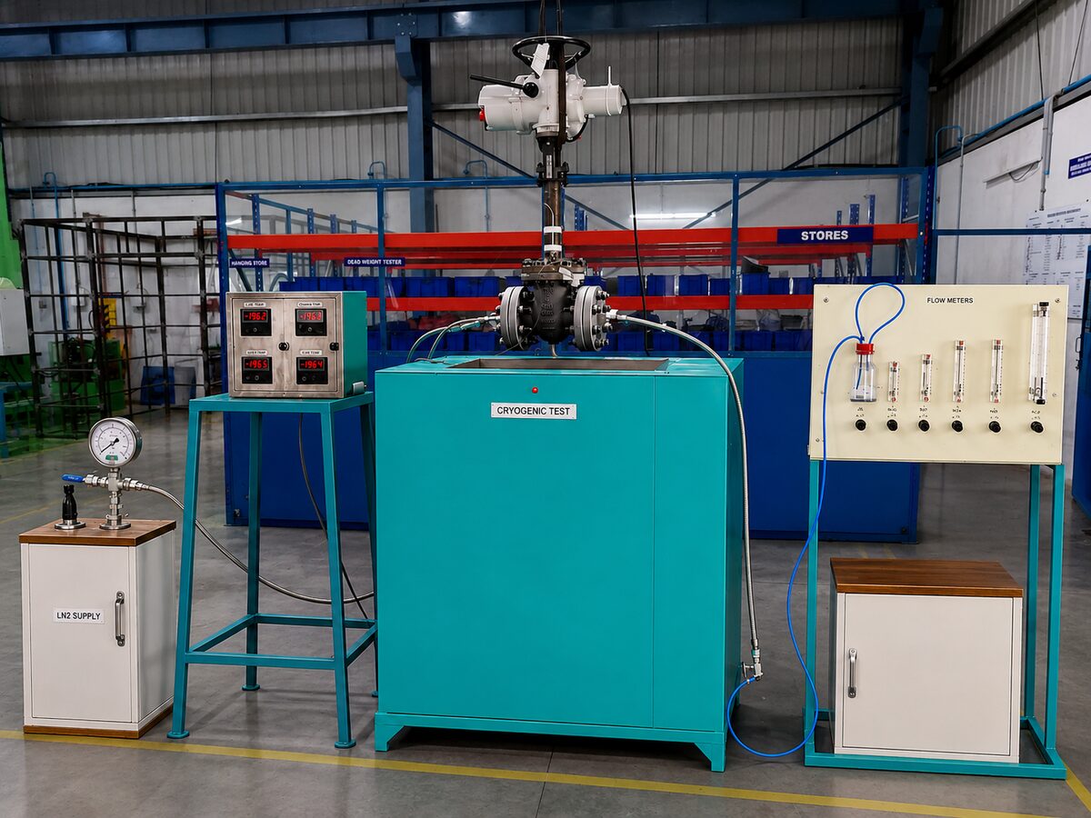 The cryogenic test machine at Soudarshini Valve, with liquid nitrogen supply, flow meter panel and a valve mounted above the test tank