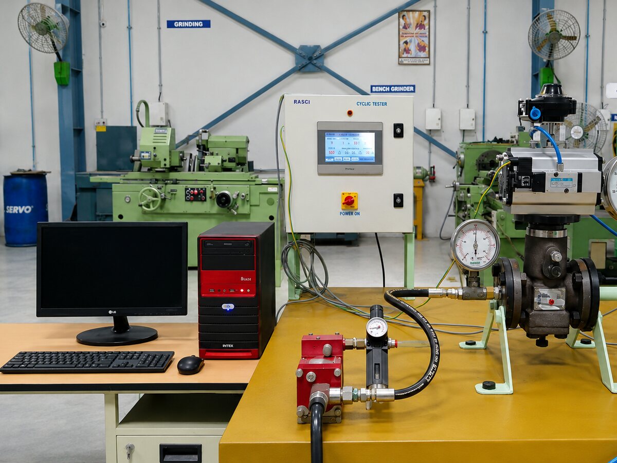 The cyclic test stand at Soudarshini Valve: control PC, pressure gauges and a valve mounted for endurance cycling