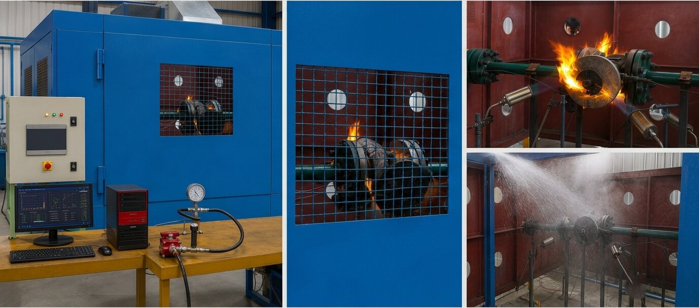 Fire-safe testing at Soudarshini Valve: the control station and test enclosure, the valve burning behind the mesh window, flame on the valve body, and the water-spray quench