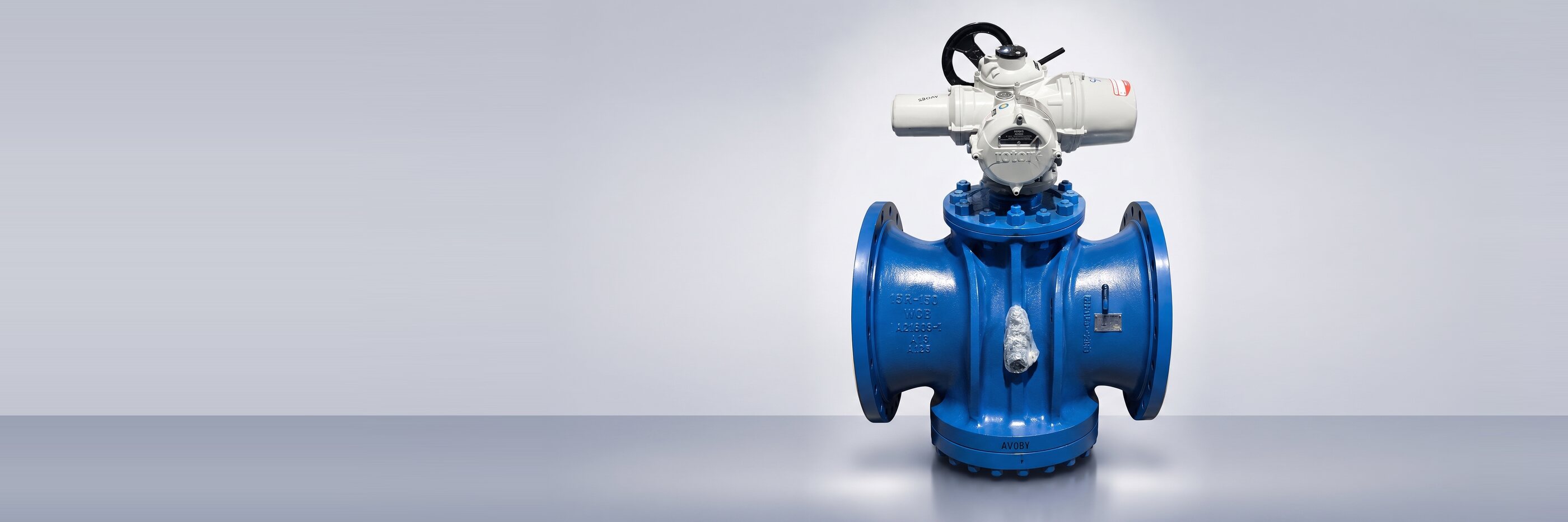 Motor-operated plug valve manufactured by Soudarshini Valve, with a Rotork electric actuator