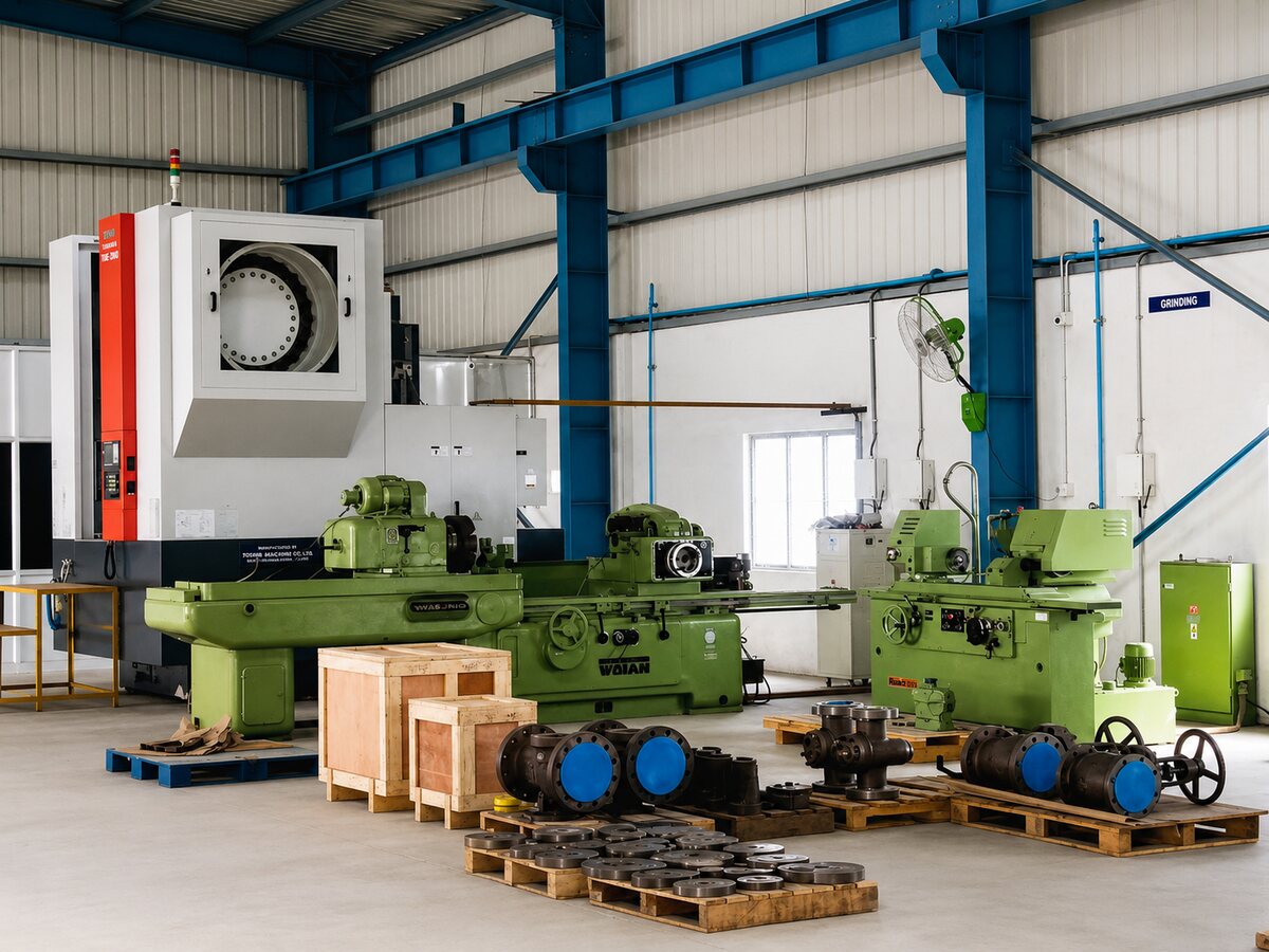 The Soudarshini Valve manufacturing facility: CNC machining centre, grinding and lapping machines, and finished valve bodies on pallets