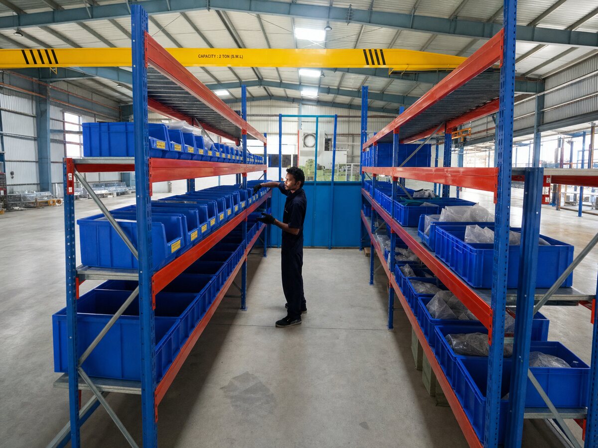 The stores at Soudarshini Valve: bin racking of valve components under an overhead crane, with a storeman picking parts