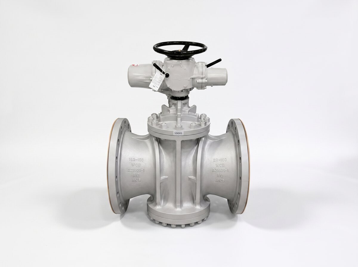 Motor-operated plug valve manufactured by Soudarshini Valve, cast body marked 15R-150 WCB A216 09-1
